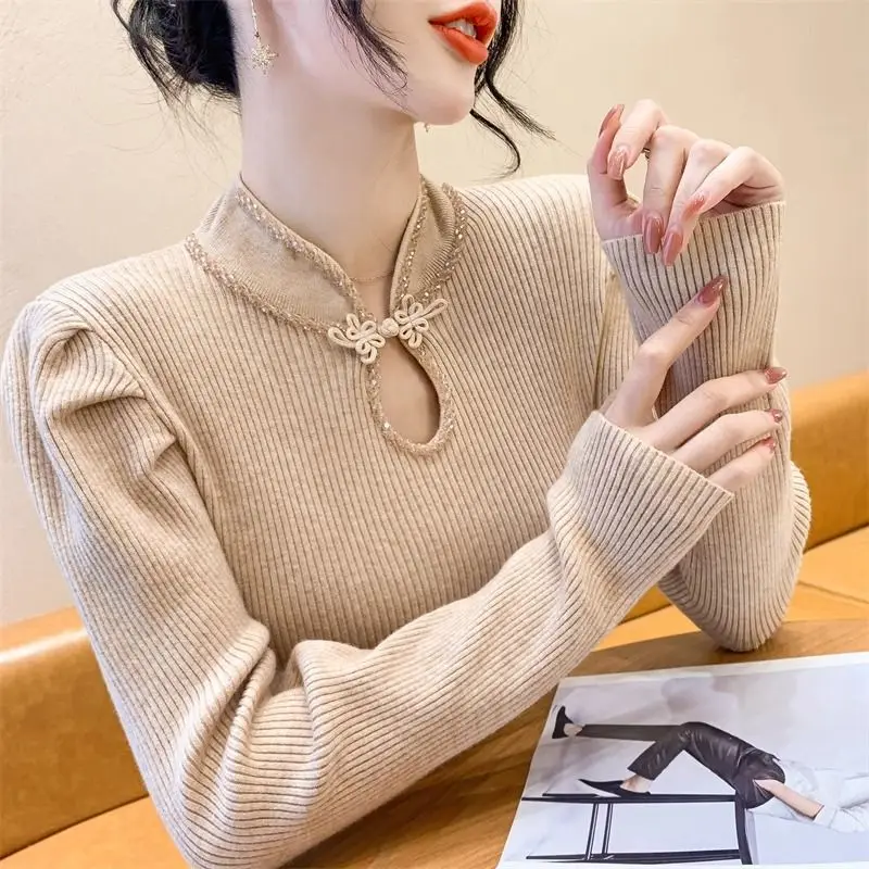 Chinese Style Buckle Stand Collar Knitted Sweater Women Autumn Winter New Nail Drill Hollow Long Sleeve Base Shirt Top