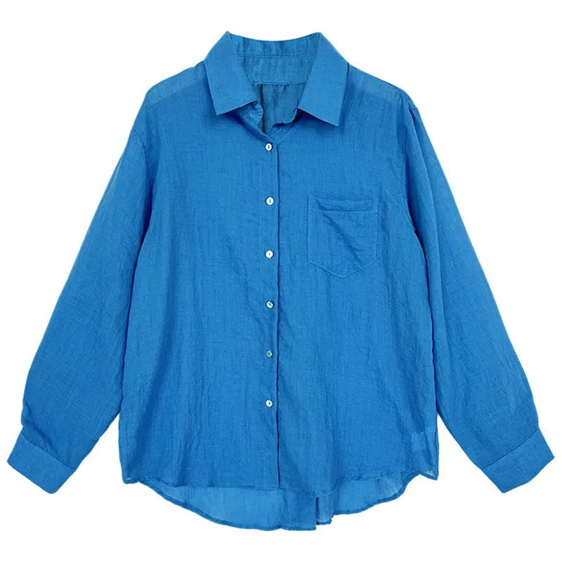 2026 mujeres verano estilo suelto manga larga blanco azul blusas cuello vuelto moda Boho mujeres Tops camisas