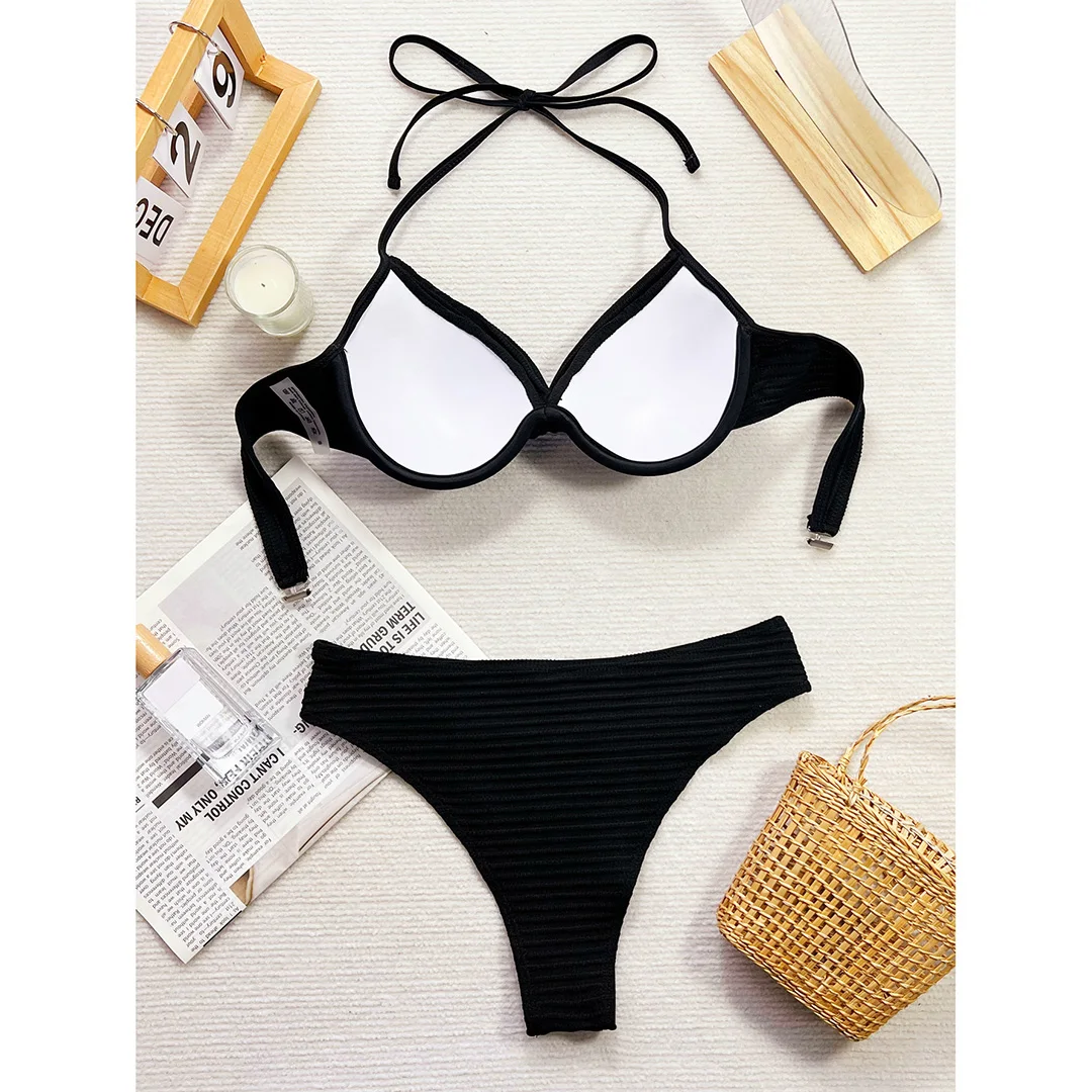 Gefalteter Neckholder-Bikini mit Bügel, Damen-Badebekleidung, zweiteiliger Bikini-Set, mittelhoher Bund, Badeanzug, Badebekleidung, Schwimmbekleidung V5440 – Detail 19