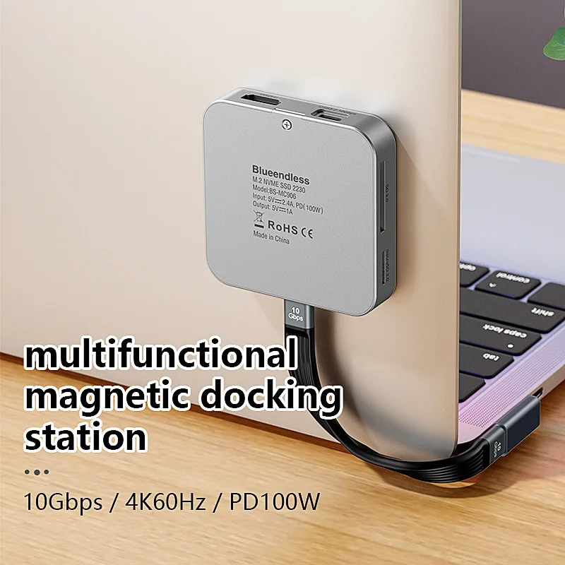 8 in 1 Magnetic Type-C Hub For M.2 NVMe 2230 Enclosure 4K 60Hz HD TV 100W PD USB 3.2 10Gbps Docking Station For Laptop Phone Mac