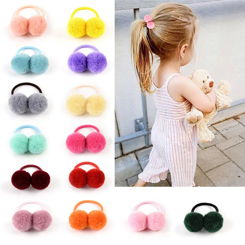 2pcs Cute Pompom Ball Elastic Hair Bands for Girls Headwear Pom Rubber Ring Ties Baby Kids Hair Accessories Ornaments