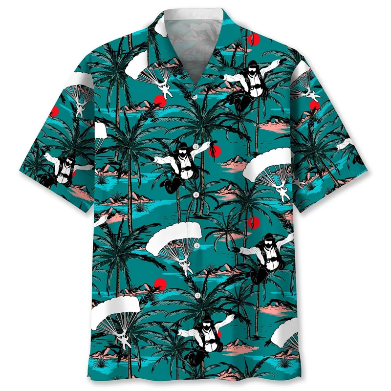 

Skydiving Pattern Hawaiian Shirt Men Fashion 3d Printed Tropical Flowers Shirts Summer Street Short Sleeves Lapel Button Blouse