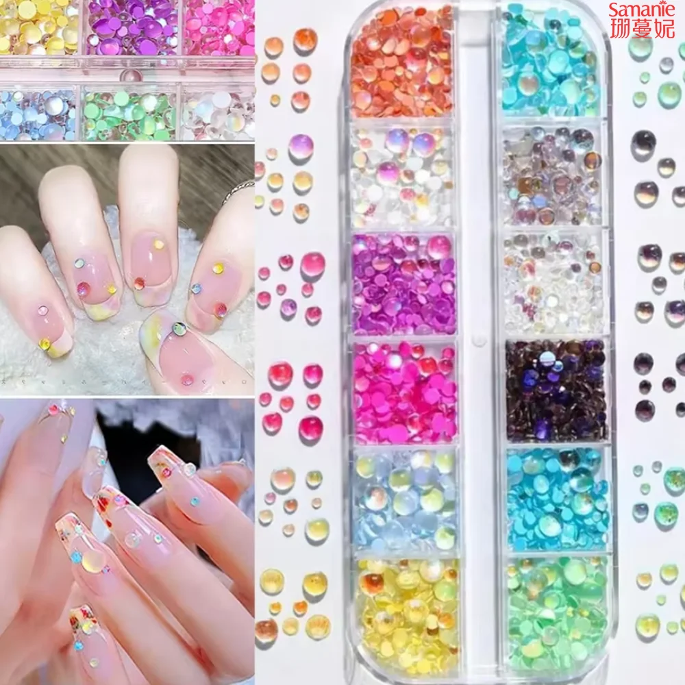 1Box Rainbow Mermaid Tears Nail Art Charms Macaron Bubble Beads Nail Art for Summer Aurora Half Spherical Glass Nail Decorations