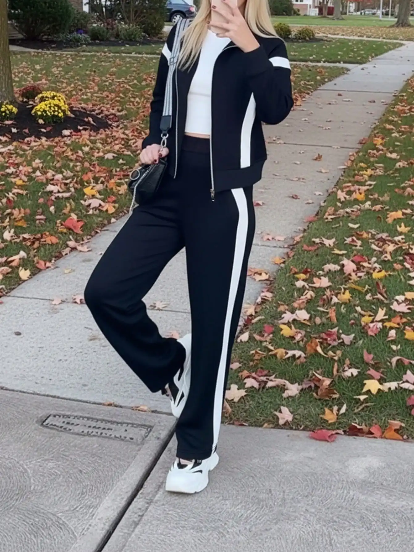

Casual Women's Sporty Two Piece Set With Stripe Contrast Long Sleeve Jacket And Straight Leg Pants