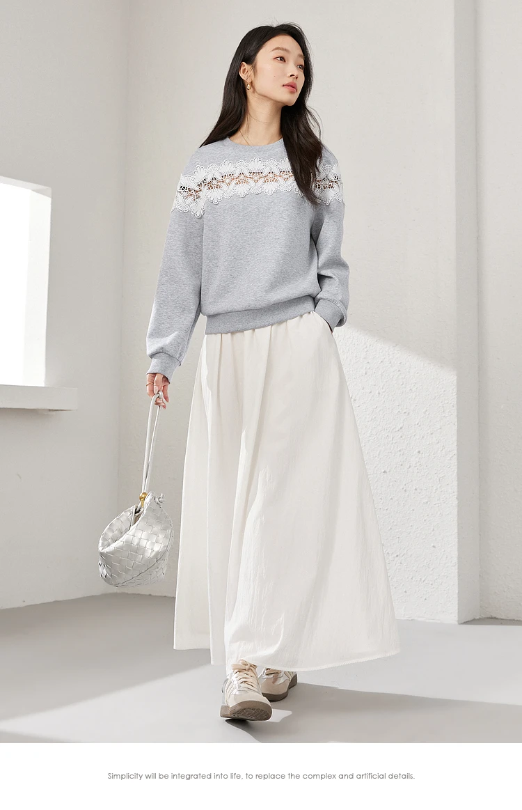 VIMLY Women's Sweatshirt 2025 Spring Autumn Casual Fashion Splicing Hollow Lace Grey Long Sleeve Loose Top Ladies Clothes A0513