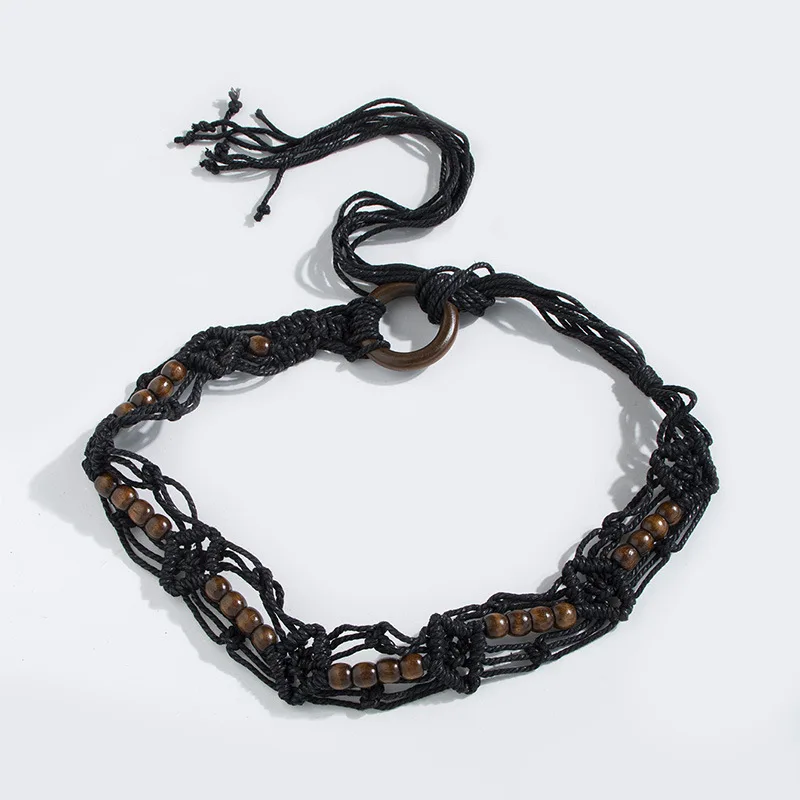 حبل شمع بإبزيم خشبي بوهيمي منسوج على الطراز العرقي مصنوع يدويًا حزام خصر نسائي من الخرز الخشبي، حبل خصر غير رسمي على طراز المنتجع