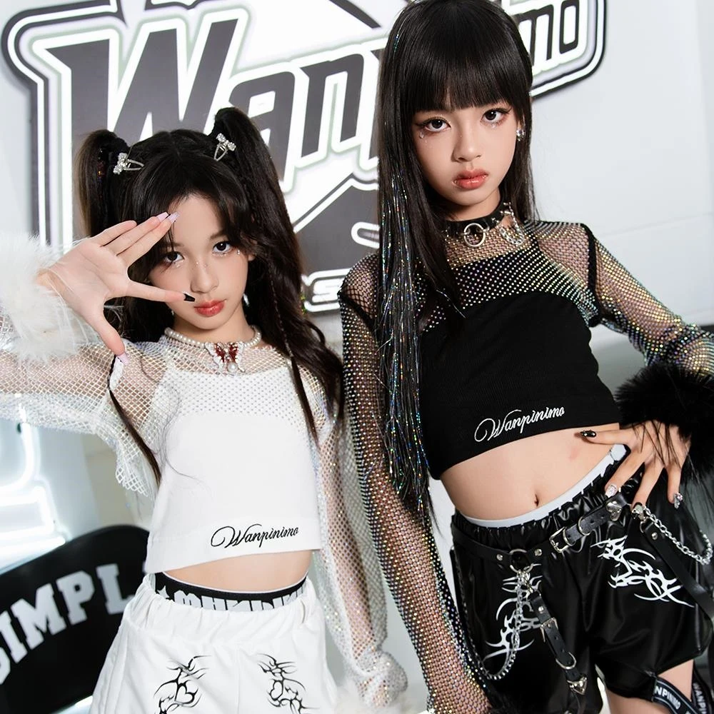 Children Hip Hop Dance Costumes For Girls Mesh Sleeved Tops Loose Shorts Suit Modern Jazz Performance Stage Clothes  DQS18018