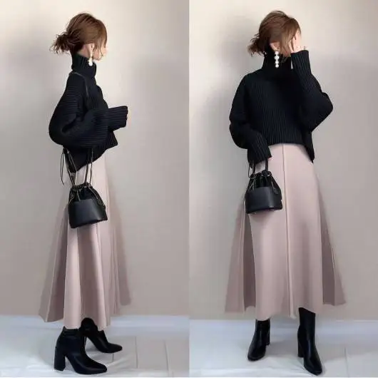 

Вязаный свитер с высоким воротником и юбка-линейка, комплект из двух предметов, женский модный осенне-зимний ансамбль, простой японский комплект...