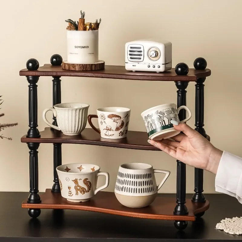 Medieval solid wood rack, three-layer cup storage rack, high-value desktop retro cup rack, ornament storage rack