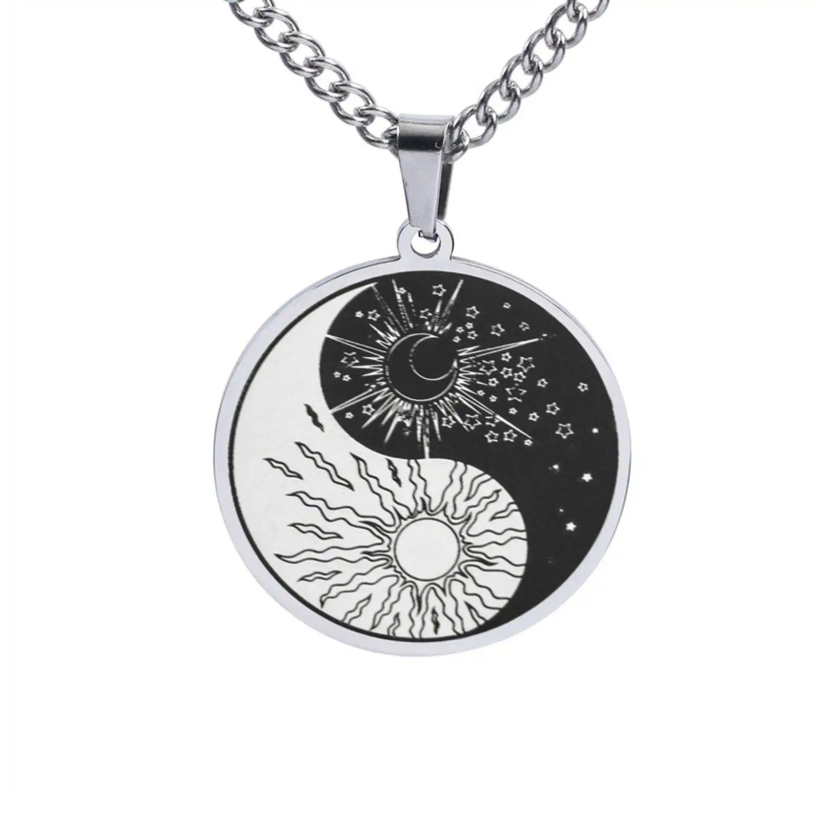 Yin Yang Sonne Mond Stern Anhänger Halskette Edelstahl Runder Anhänger Modeschmuck Geschenk für Frauen Männer – Detail 1