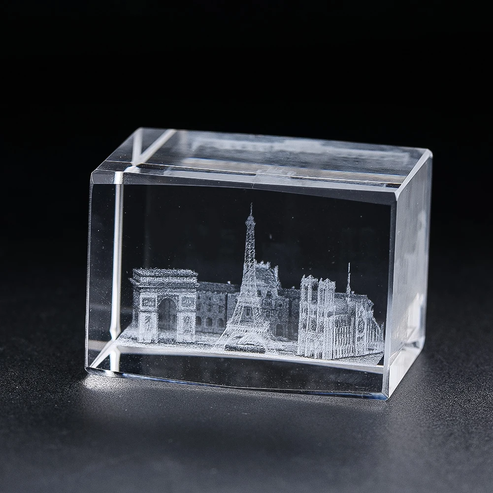 3D Laser Engraving Crystal Cube Mini Building Model Carved Inside Desktop Miniature Ornaments Home Decoration Paperweight Gifts