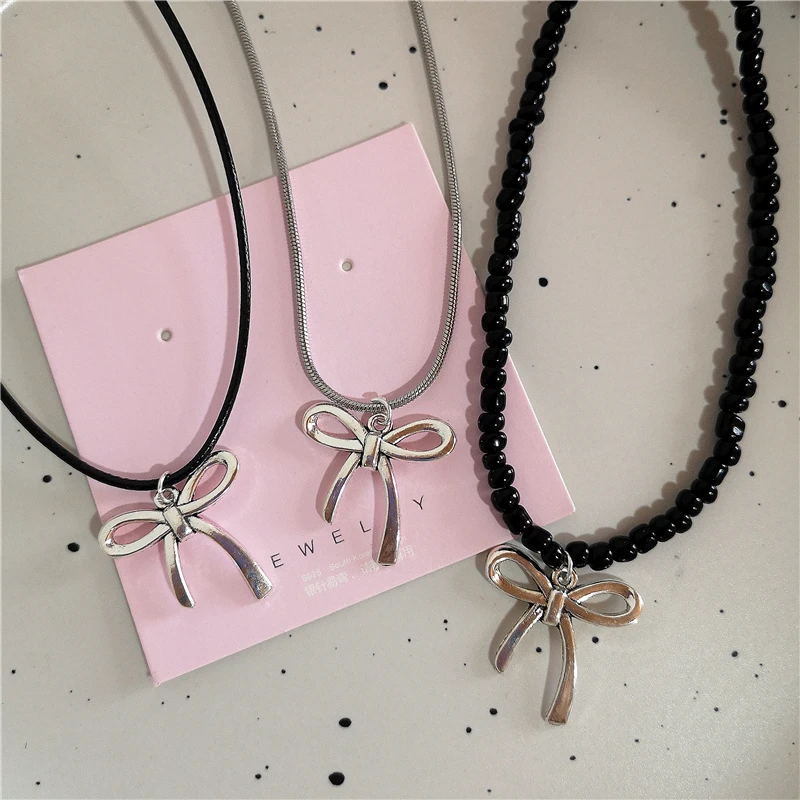 Goth Harajuku Cute Y2k Aesthetic Bowknot Pendant Beaded Snake Chain Rope Chain Necklace For Girl Choker Cool 90s EMO Accessories