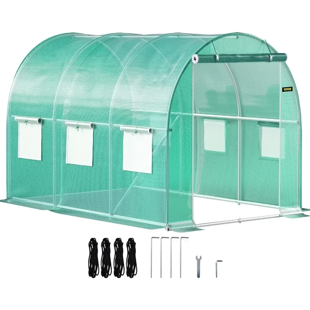 Greenhouse, 9.8 X 6.6 X 6.6 Ft Walk-in Tunnel Plant Hot House W/ 6 Roll-up Windows, Galvanized Steel Hoops, Green House