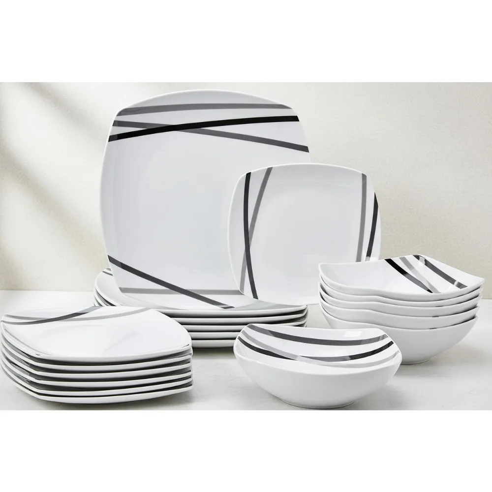 

Набор квадратной посуды из 18 предметов для 6 — современные кухонные тарелки и миски, прочный фарфор, можно мыть в посудомоечной машине