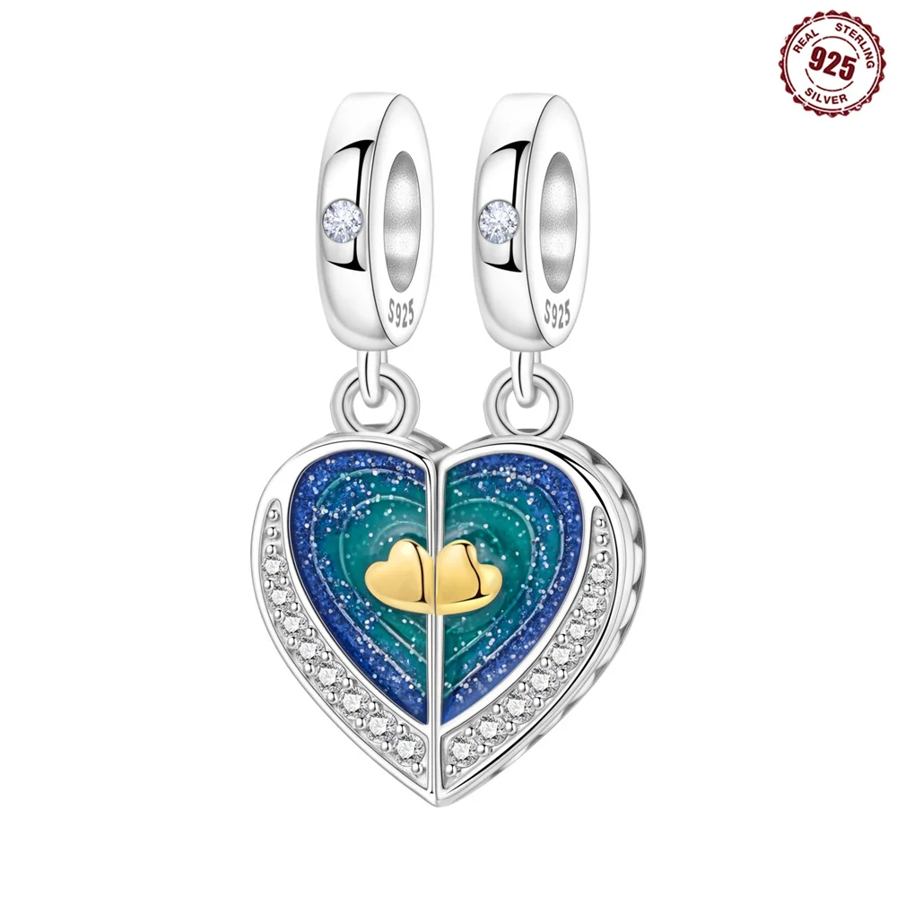 S925 Sterling Silver Matching Split Heart Charm Blue Ombre Glitter Enamel Couple Pendant Fit Bracelets Forever Love Jewelry Gift