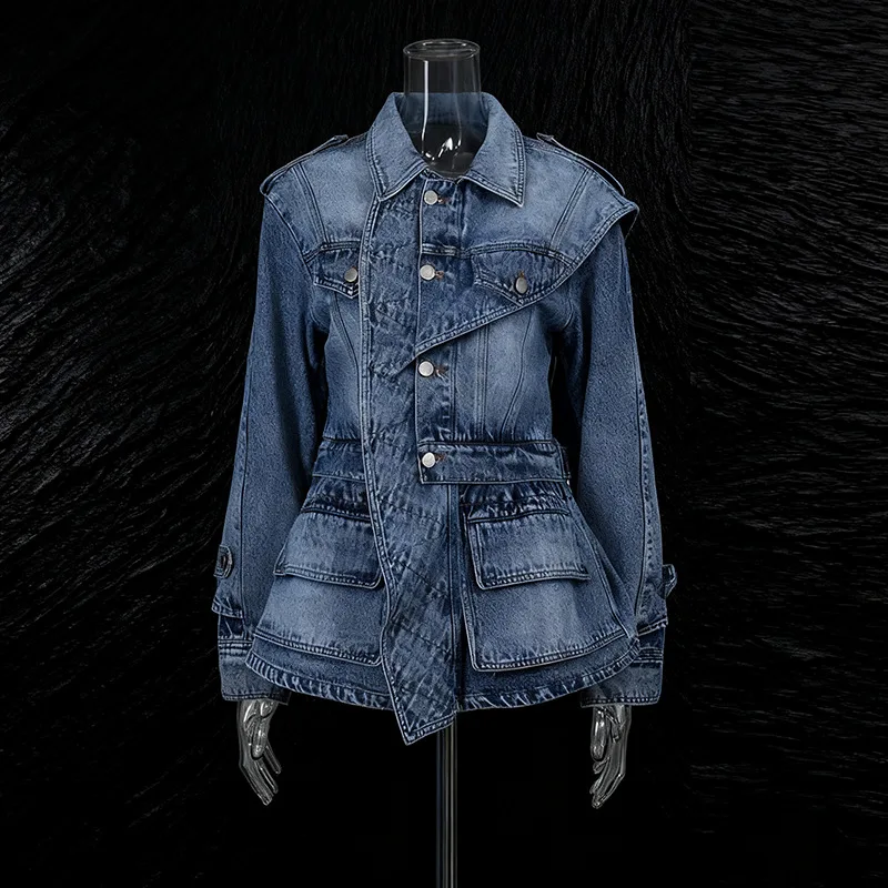 

2025 New Style Streetwear Jacket with Ruffled Single-Breasted Lapel Denim Jacket for Women Winter Clothes Women