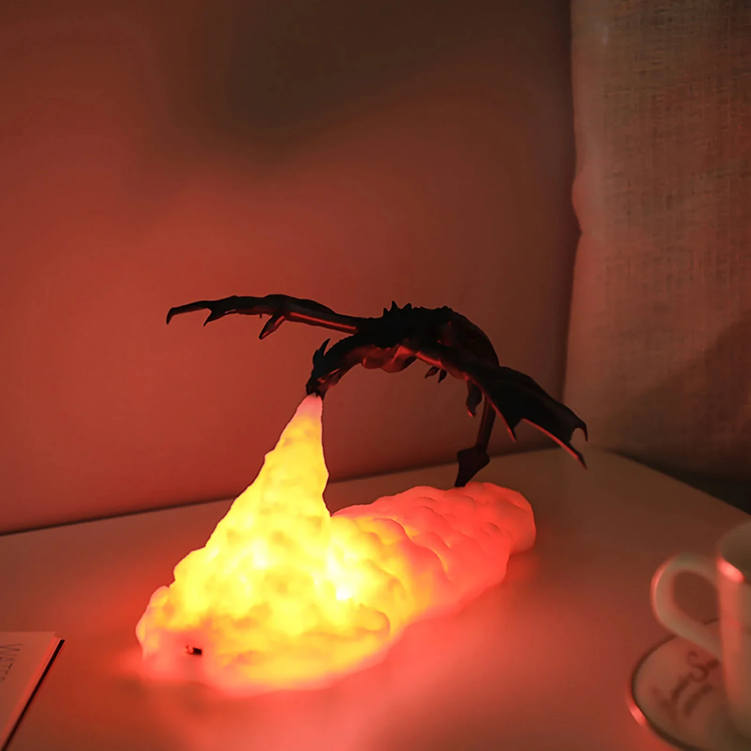 USB Powered Rechargeable LED Night Light Table Lamp with Unique 3D Printed Fire Dragon Design - Ideal for E-sport Enthusiasts an