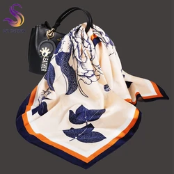 BYSIFA|Women Beige Blue Silk Square Scarves Hijabs Fashion Floral Printed Silk Neck Scarf Foulard Winter Headscarves Accessory