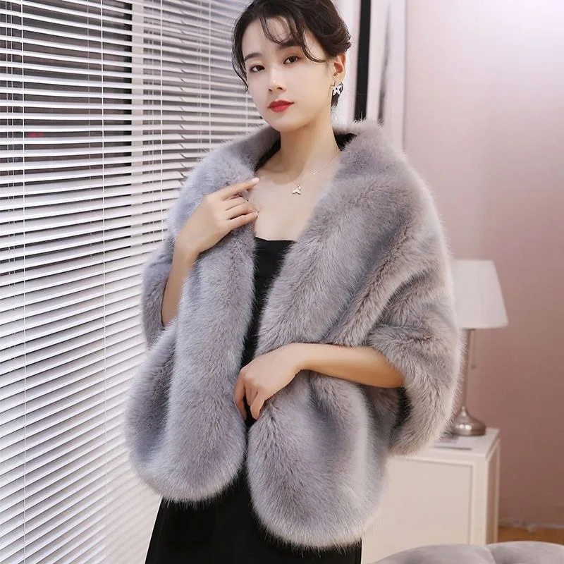 2023 New Faux Fox Fur Coat Women Fashion Solid Color Casual Cloak Autumn Winter Bridal Cheongsam Wedding Clothes Warm Outerwear