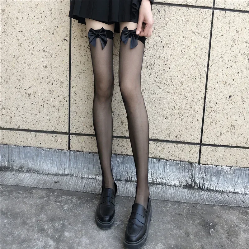 JK Lolita Nylon Stockings Women Sweet Girls Thigh High Long Socks Japanese Style Kawai Cute Bowknot Summer Thigh High Stockings