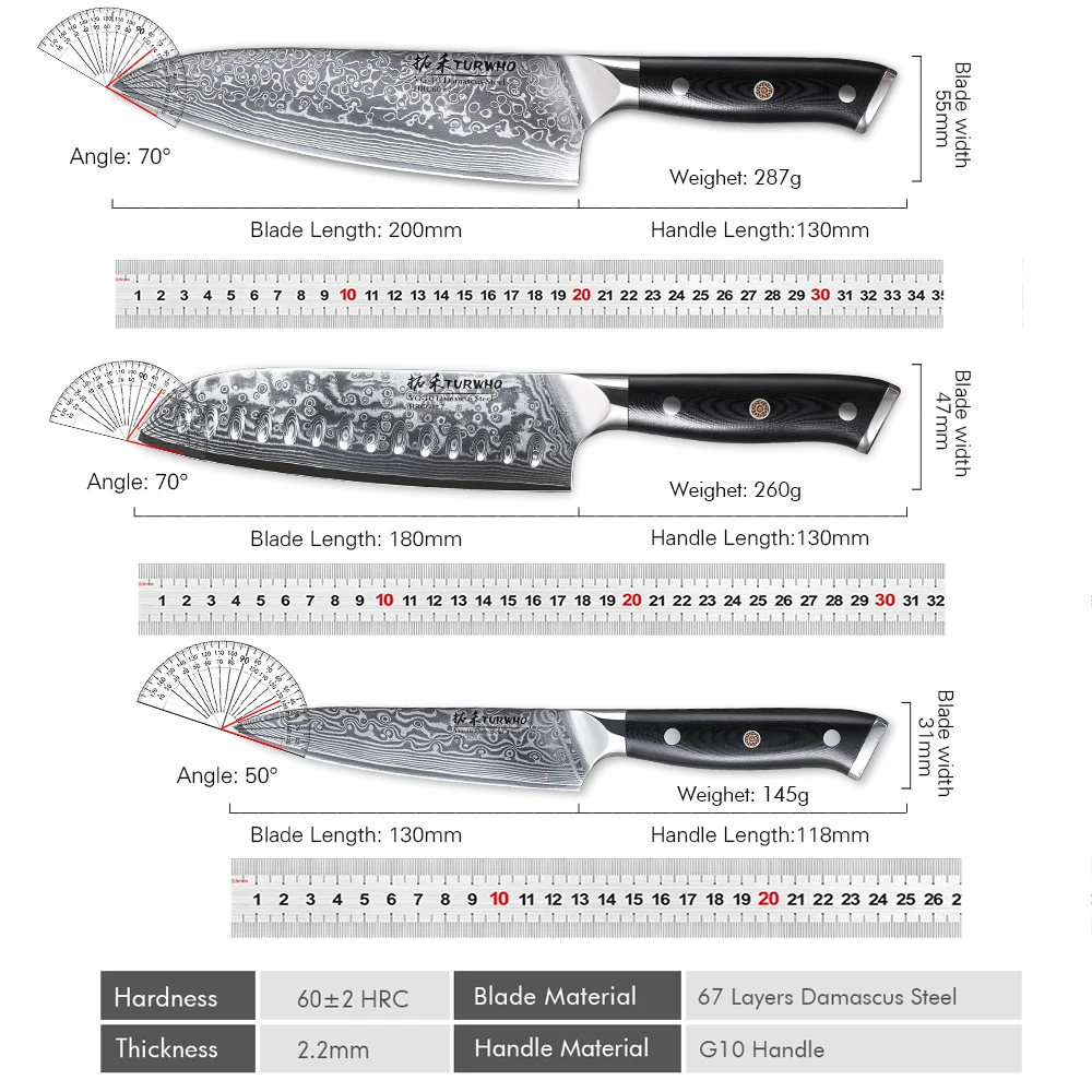 TURWHO 3PC Damascus Kitchen Knives Set 6