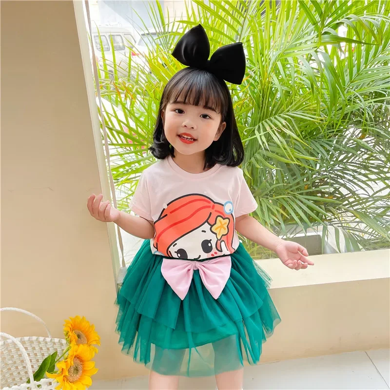 فستان الأميرات المجمد للأطفال 2 إلسا طقم تنورة لحورية البحر ظريف للبنات مكون من قطعتين تي شيرت + تنورة توتو ملابس صيفية على الموضة