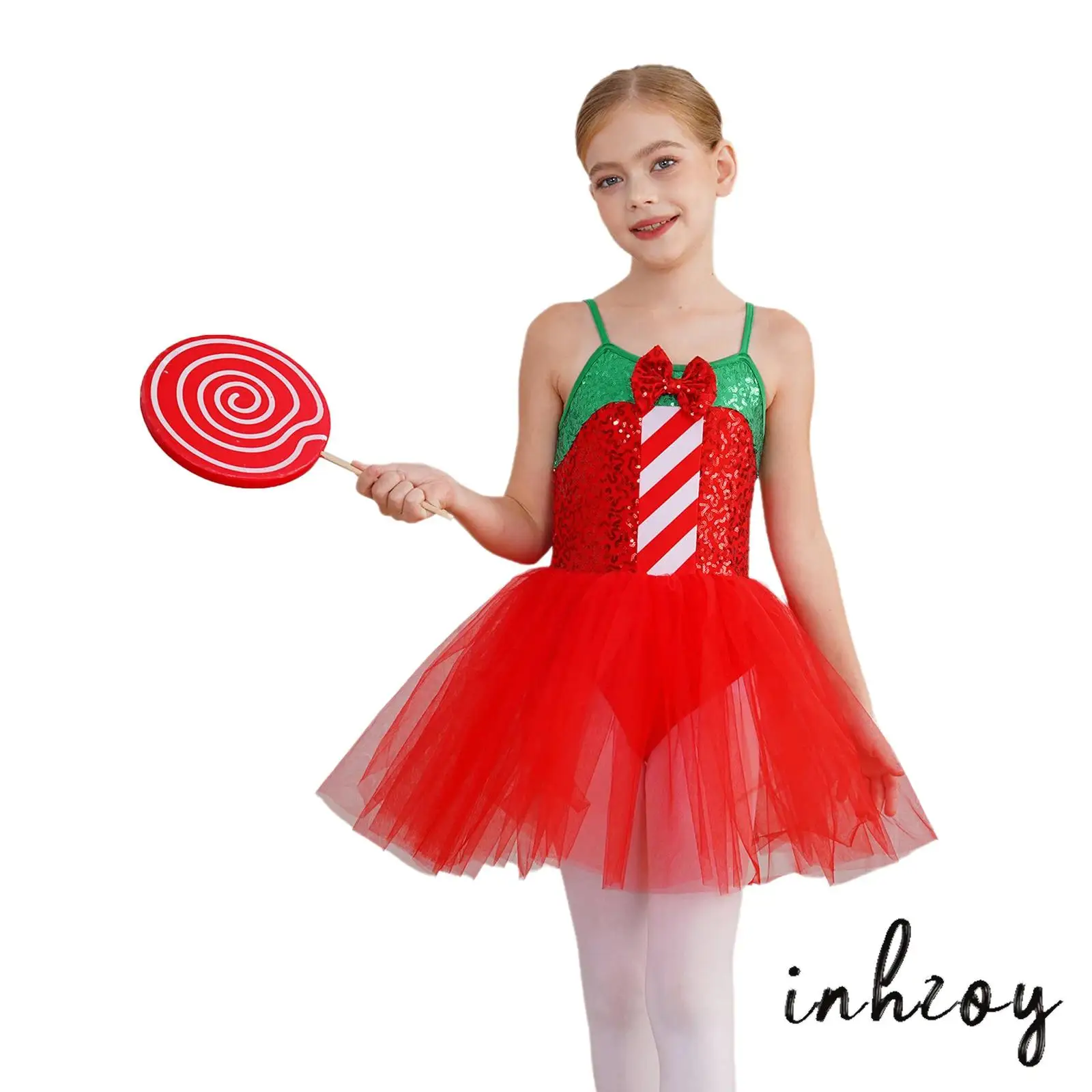 

2Pcs Kids Girls Christmas Dance Dress Sleeveless Sequins Bow Stripes Xmas Leotard Dress with Hair Hoop for New Year Holiday Wear