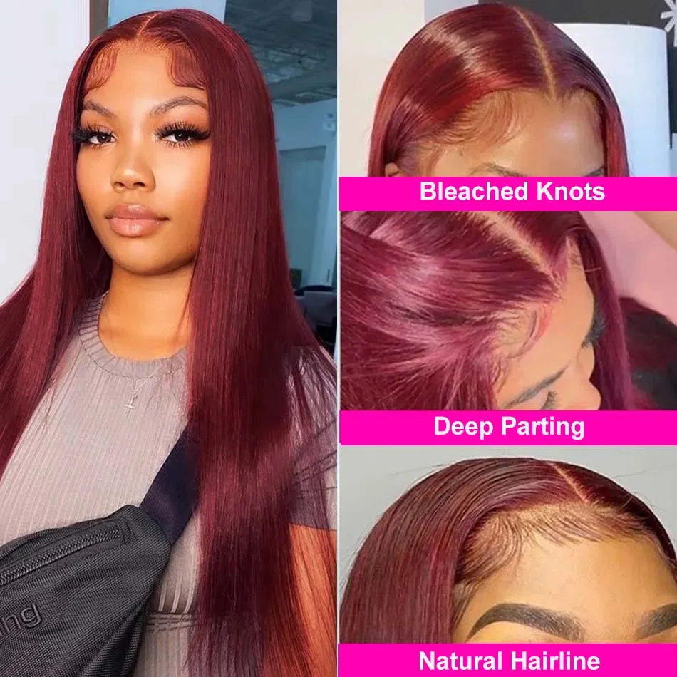 Straight Hair Lace Front Wig Human Hair Wigs 99J Burgundy Pre-Plucked Brazilian 13x4 Colored Lace Front Human Hair Wig For Women