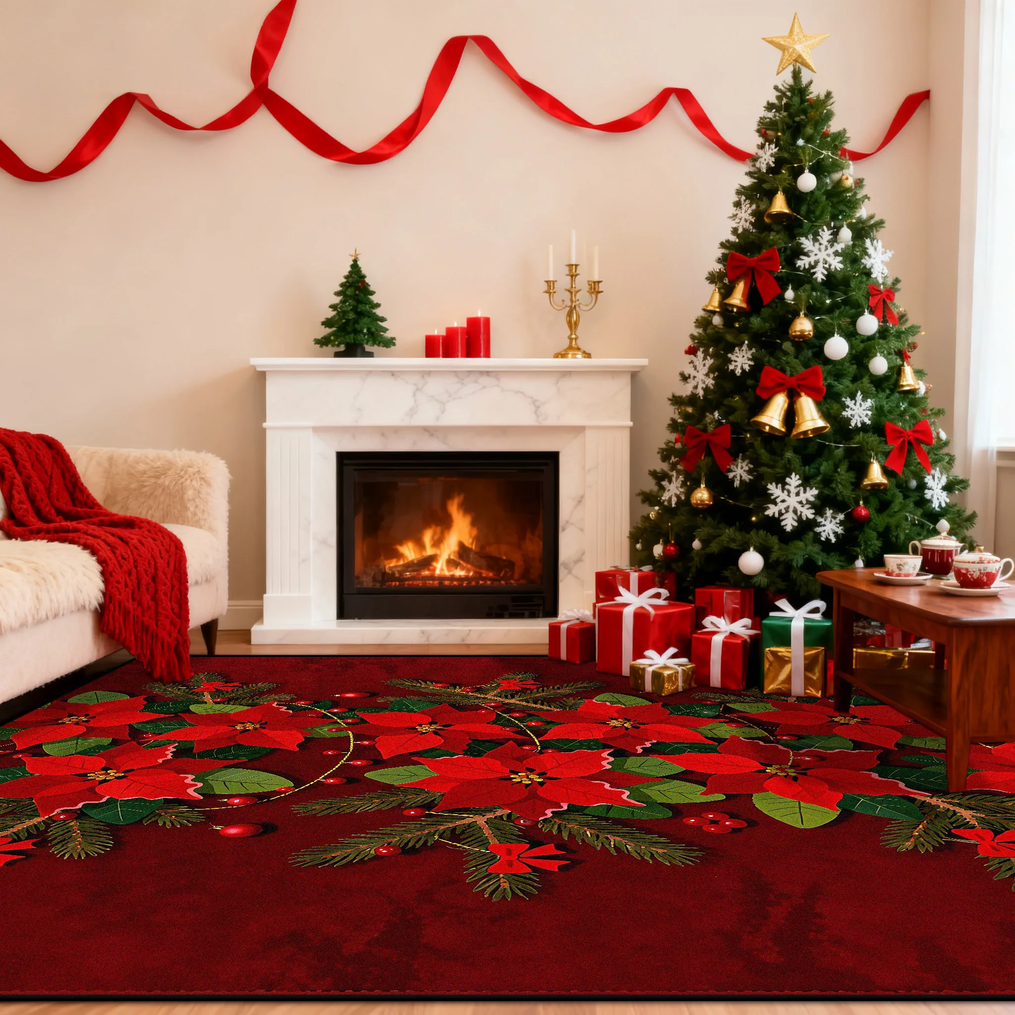 

Американский рождественский цветок, красный пушистый ковер для гостиной, роскошный нескользящий мягкий коврик для камина, легко чистящийся короткий бархатный напольный коврик