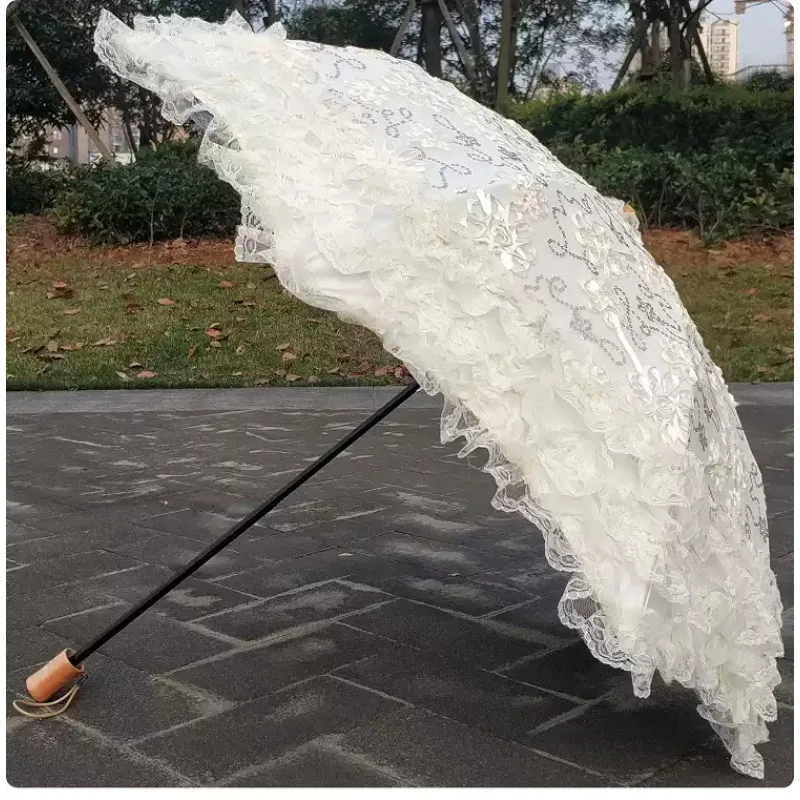 Pink Lace Embroidered Sun Umbrellas 2 Fold UV Protection Parasol for Girl Princess Rain Umbrella Vintage Frilly Folding Umbrella