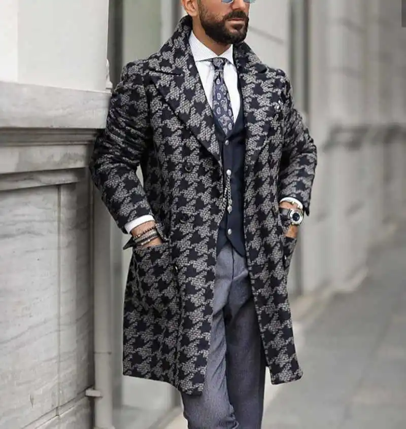 Abrigo de traje Retro a cuadros para hombre, solapa con muescas, doble botonadura, cómodo, longitud media, ocasiones al aire libre, calidez personalizada