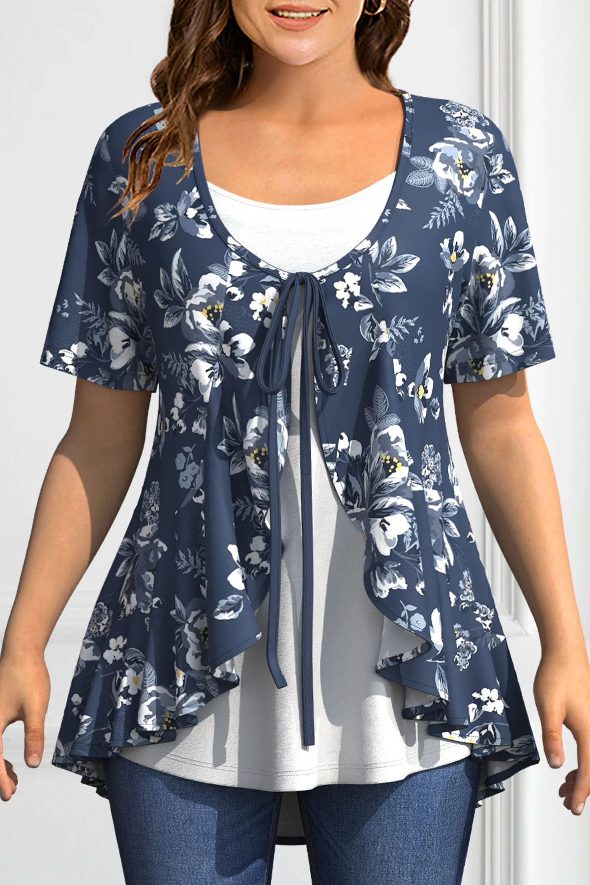 

Elegant Fake Two-Piece Top Tee Women's Round Neck Short Sleeved Lace-UP Floral Printing Blouse Summer Office Lady Casual Top