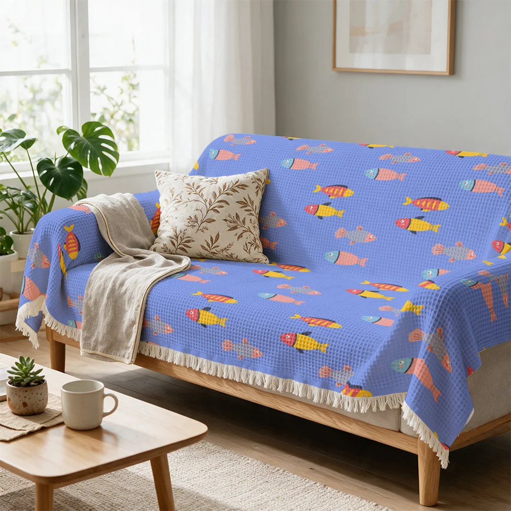 Blue Fish Pattern Sofa Throw Blanket Ocean Nautical Beach Decor Couch Cover Lightweight Decorative Throw for Living Room Home
