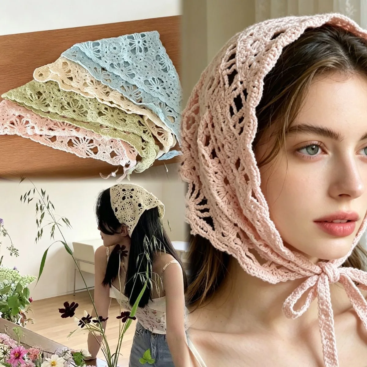 Knitted Triangle Bandana French Vintage Retro Cream Women Hollow Out Lightweight Soft Premium Photography Posing Scarf
