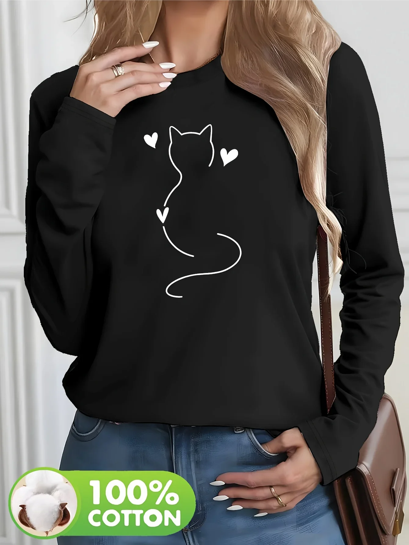 Cute Long Sleeve T-Shirt with Playful Cat & Hearts Graphic Print 100% Cotton Casual Round Neck Top All-Season Fit Gothic Tee