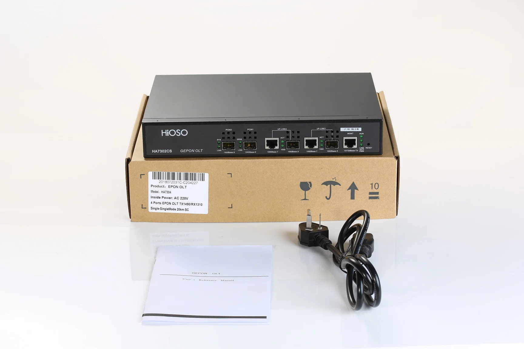 HiOSO คุณภาพสูงกล่องพิซซ่า 2PON OLT HA7302CS สนับสนุน WEB SNMP EPON HiOSO Optical Line Terminal 1:126 แต่ละพอร์ตรวม 256 Onus