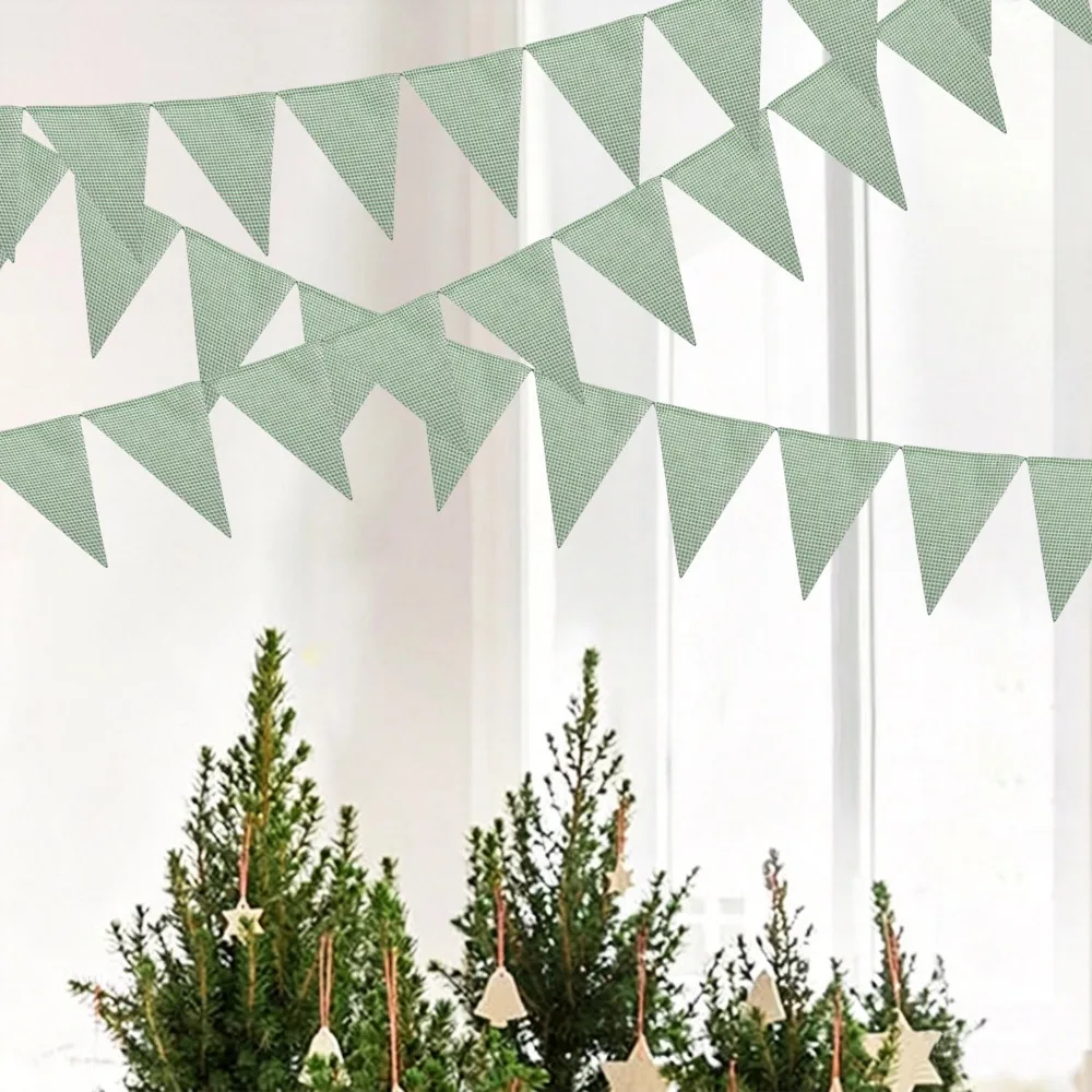Sage Green White Fine Plaid Fabic Triangle Banner Flags Gingham Bunting Picnic Garden Christmas Home Birthday Party Decorations view 2