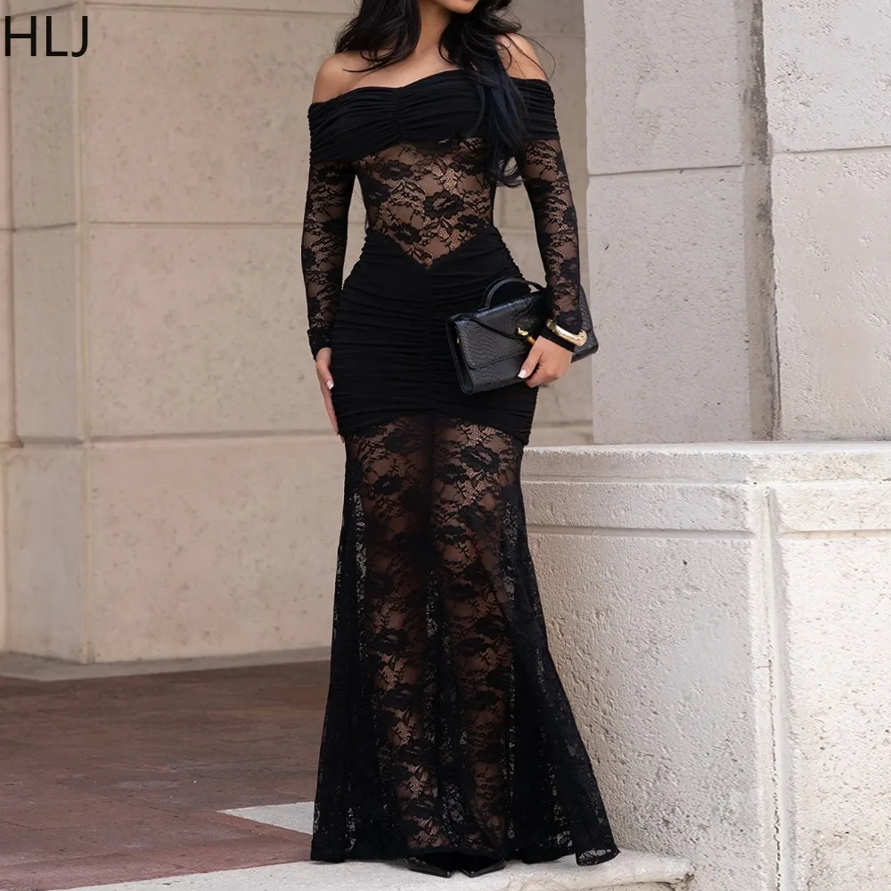

HLJ Sexy Lace See Through Patchwork Bodycon Dresses Woman Off Showlder Long Sleeves Dress Female Party Clubwear Vestidos New