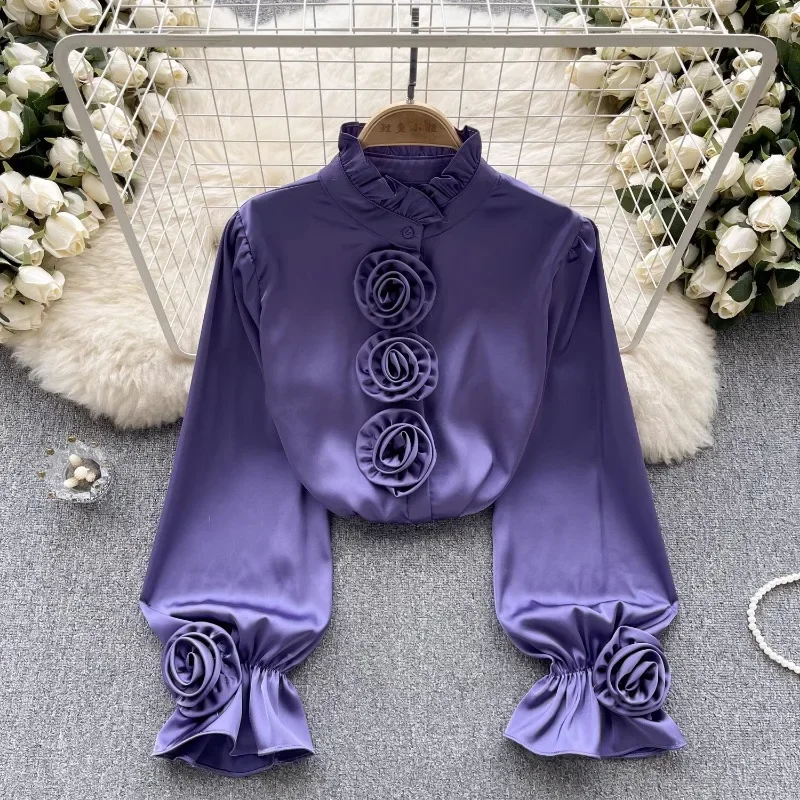 Half High Neck Stereo Flower Design Sense Women Clothing Shirts Light Luxury Vintage Puff Sleeve Blouses Single-breasted Blusas