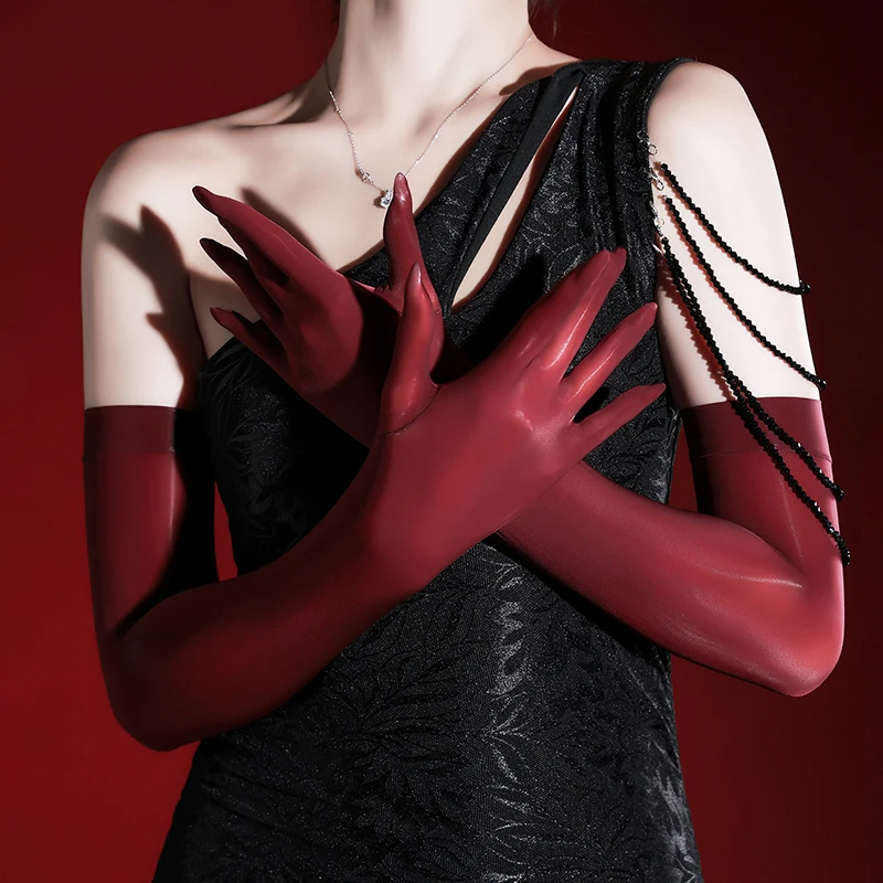 43cm Solid 8D High Elasticity Oil Smooth Women Sexy Thin Tight Stockings Gloves Club  Cosplay Performance Long Five Finger Glove