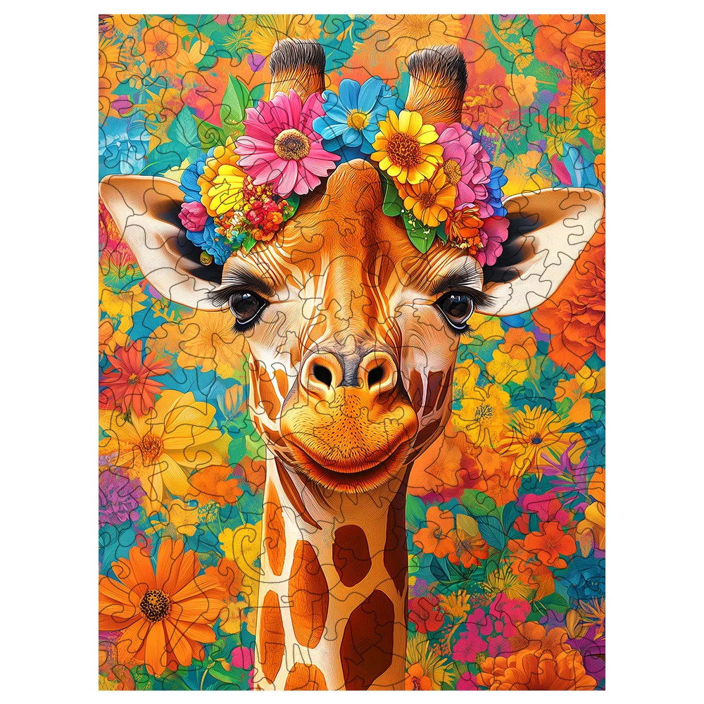 

Unique Shaped Wooden Jigsaw Puzzle - Floral Giraffe Design, Adult & Kids Family Game, Ideal Gift for Father's Day