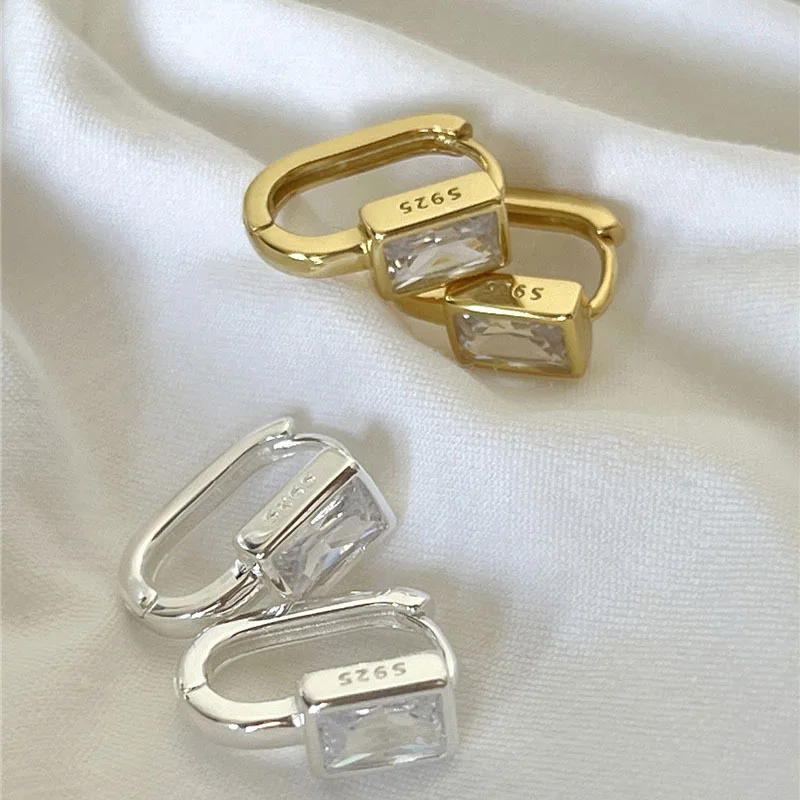 2026 New Square Zircon U-shaped Hoop Earrings for Women Exquisite Golden Silver Color Geometric Huggies Jewelry pulseras mujer