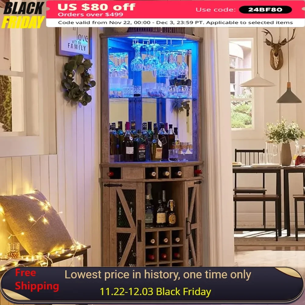 Bar Cabinets,Home Bar Cabinet W/LED Light Glass Rack for Dining Room, Living Room, Kitchen,Bars Display Cabinets