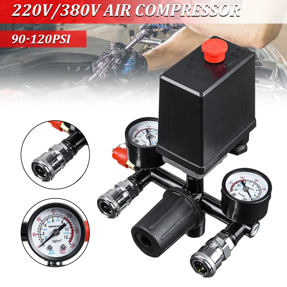 

220V 4 Port Air Compressor Pressure Switch Manifold Regulator Aluminum Alloy Safety Pressure Valve All Black Bracket