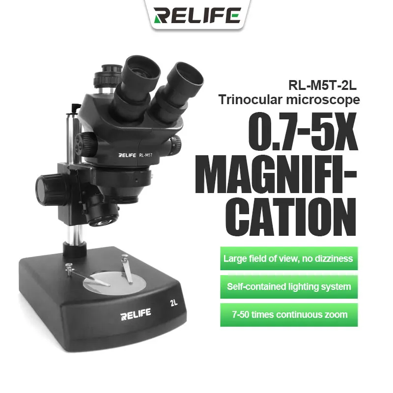 

RELIFE RL-M5T-2L Trinocular HD Stereo Microscope 7-50X Zoom Adjustable Angle/Brightness For Mobile Phone Motherboard Repair