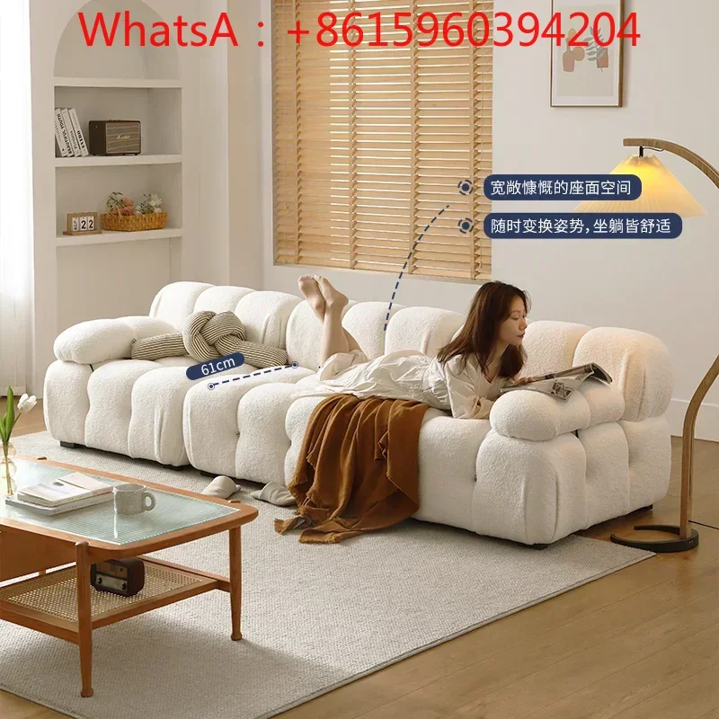 Custom white wooden house Nordic replica lambswool clouds cream fabric sofa small living room bread module sofa