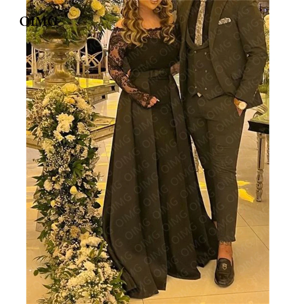 

OIMG Sexy Lace Black Off the Shoulder Long Evening Dresses Long Sleeves Saudi Dubai A Line Formal Prom Dress Robe de soiree