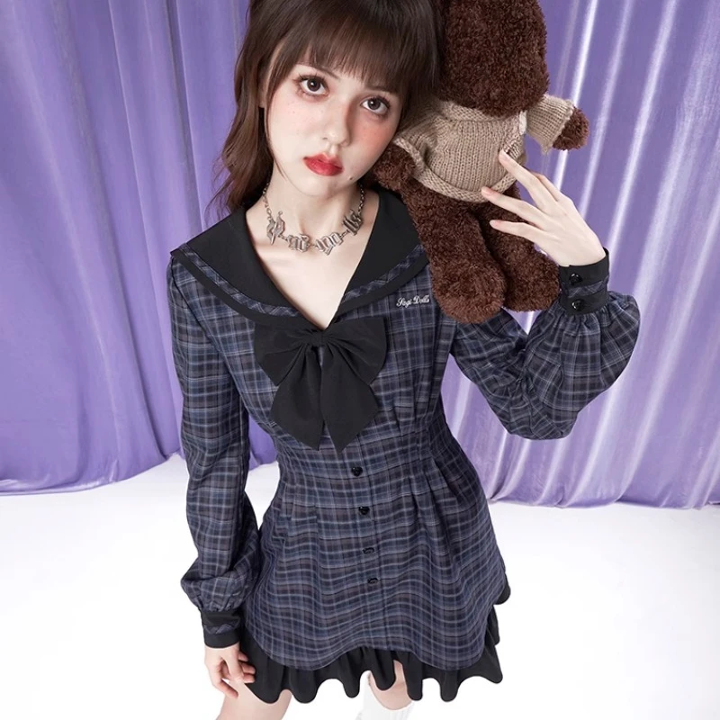 2024 New Japanese Style JK Vestidos Summer Slimming Waist-Tight Sailor Collar Lantern Long Sleeves Plaid Dress Sweet Cool Female