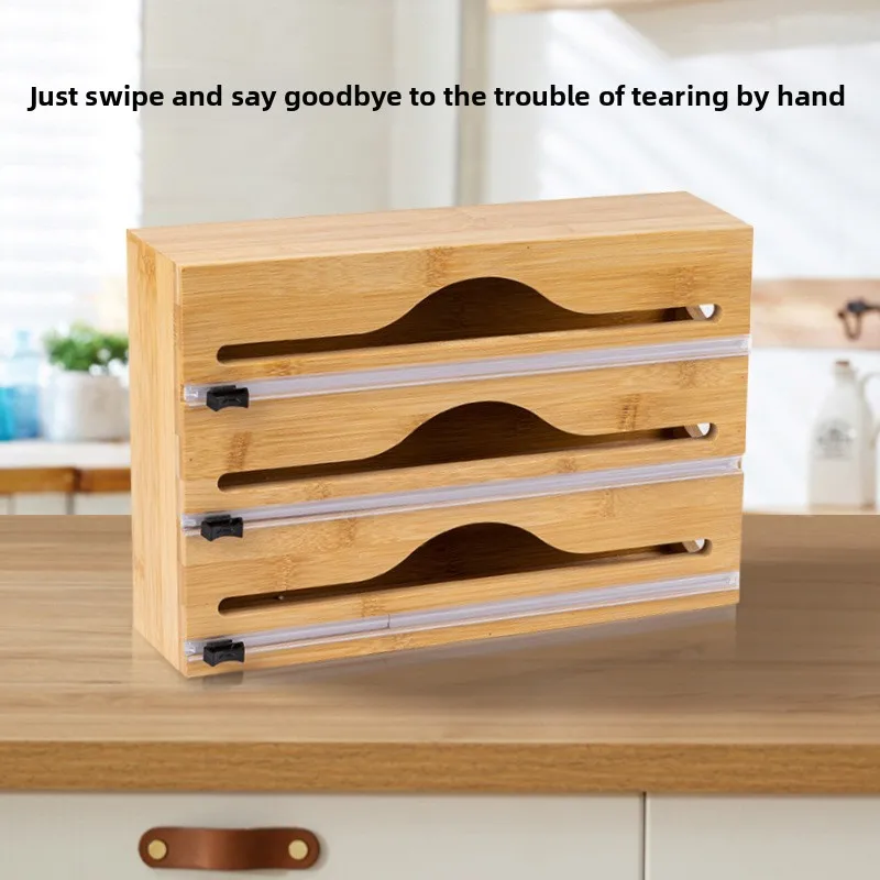 Natural Bamboo Wrap Cutter - Wall Mounted Multi-Slot Foil and Wrap Dispenser for Kitchen Countertop Organization