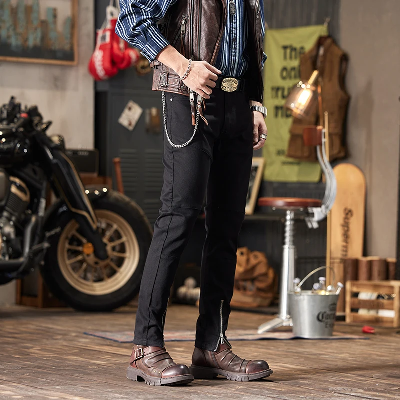 Motorcycle Jeans Men's Tight Stretch Casual Street Zipper Design Fashionable High-End Slim Fit Skinny Black Trousers